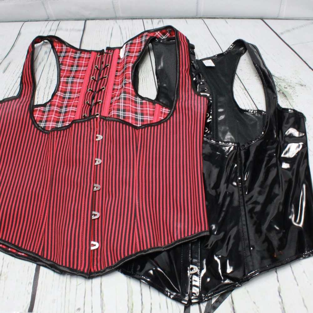 Lot of 2 Bustiers Black Shine Poly Red Stripe 1X